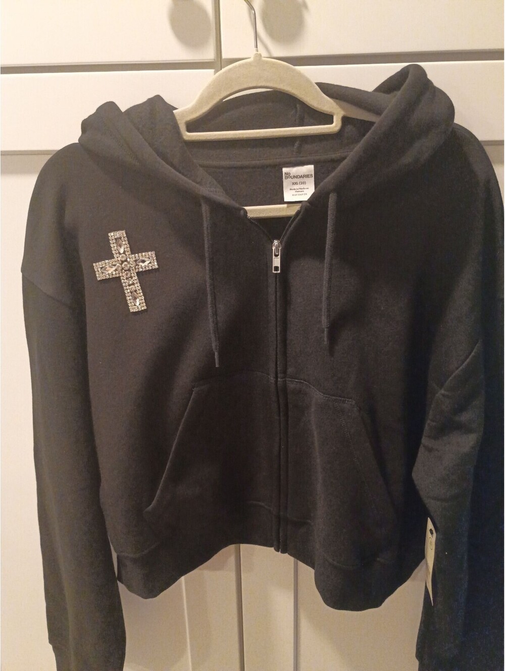 Custom made Black Zip-Up Hoodie with Rhinestone Cross and Logo Detail